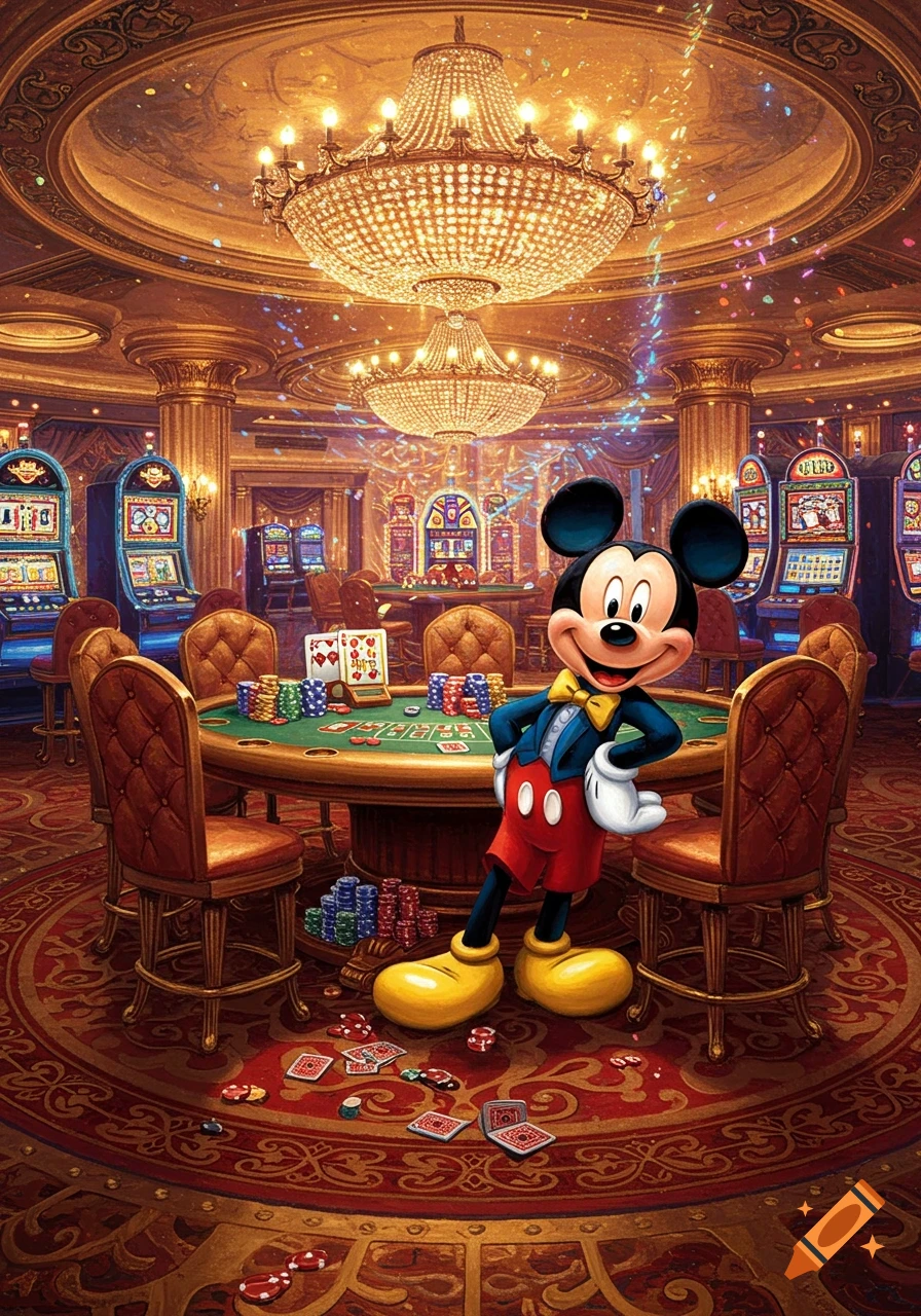 Mickey Mouse grins in a grand, ornate casino with poker tables, slot machines, and sparkling chandeliers, in a painterly style.