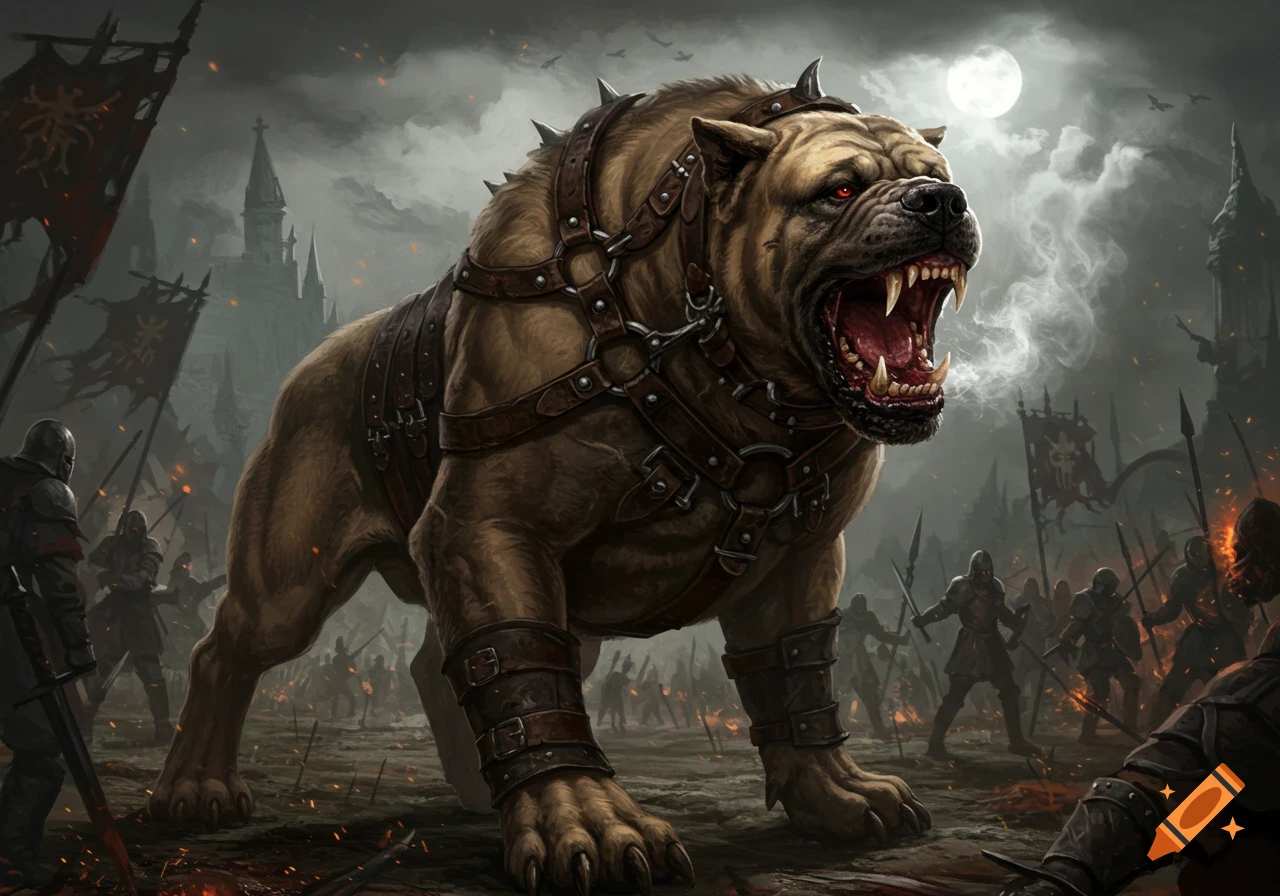 A fierce, armored fantasy war mastiff with red eyes snarls on a dark medieval battlefield with soldiers, flags, and a castle under a full moon.