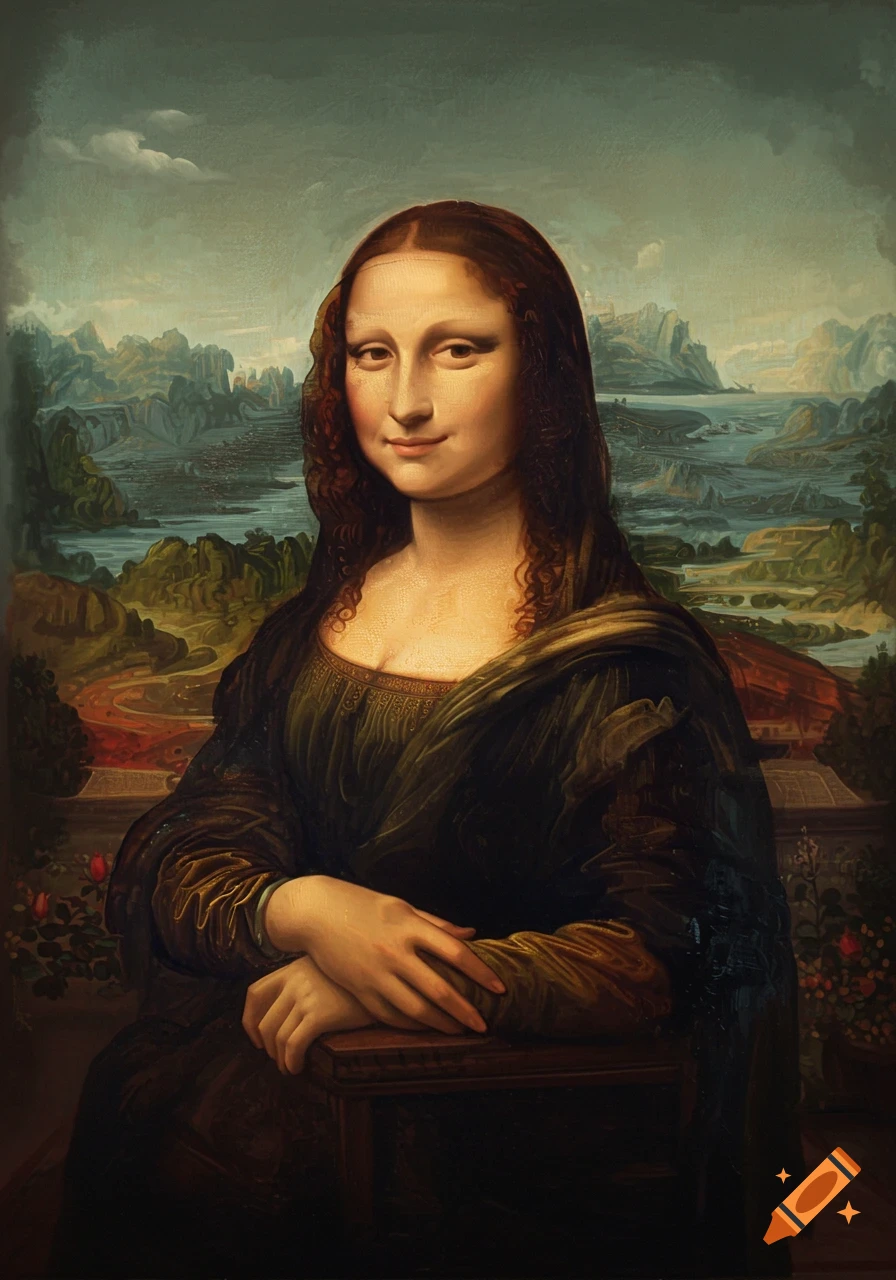 A classical painting portrait of a woman resembling the Mona Lisa, with a subtle smile and a landscape background.