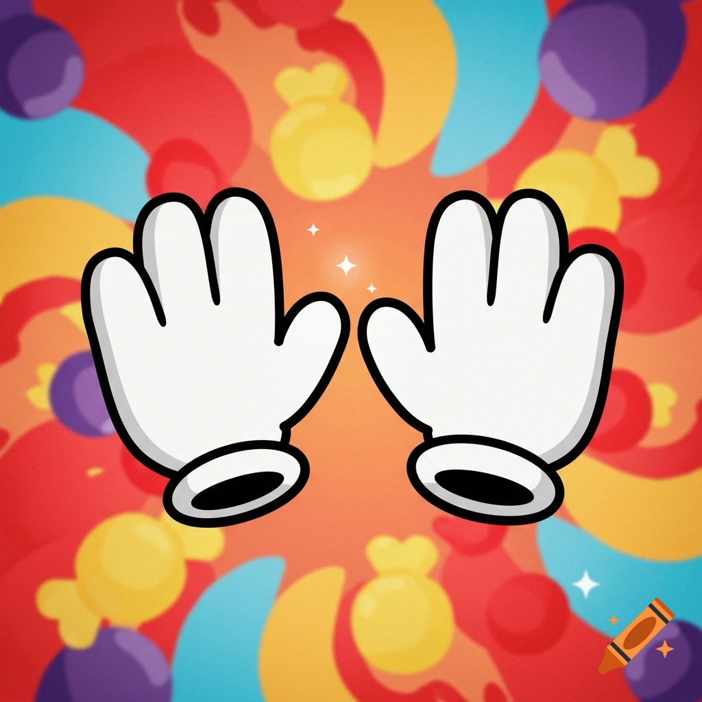 Two cartoon white gloves with black outlines against a vibrant, abstract background with colorful shapes.
