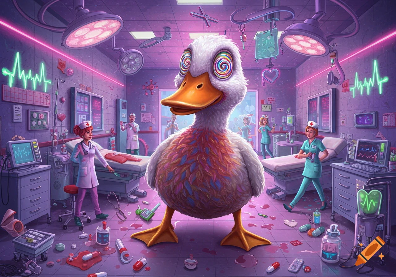 A large, cartoonish white duck with colorful spiral eyes stands in a chaotic, neon-lit hospital room with medical staff, equipment, and scattered pills.