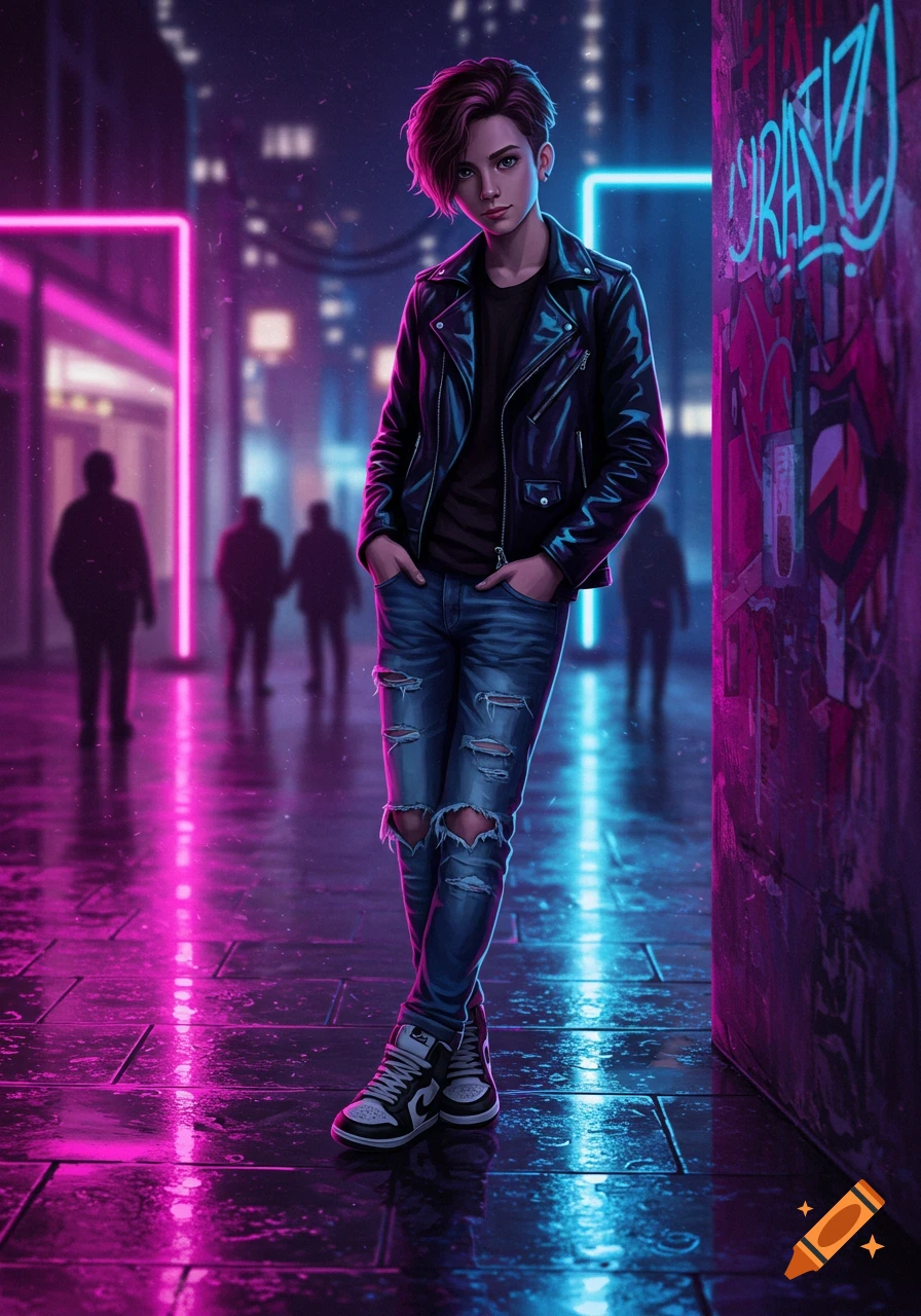 A stylish teenager with short hair, wearing a black leather jacket and ripped jeans, stands in a neon-lit city street at night, looking at the viewer.