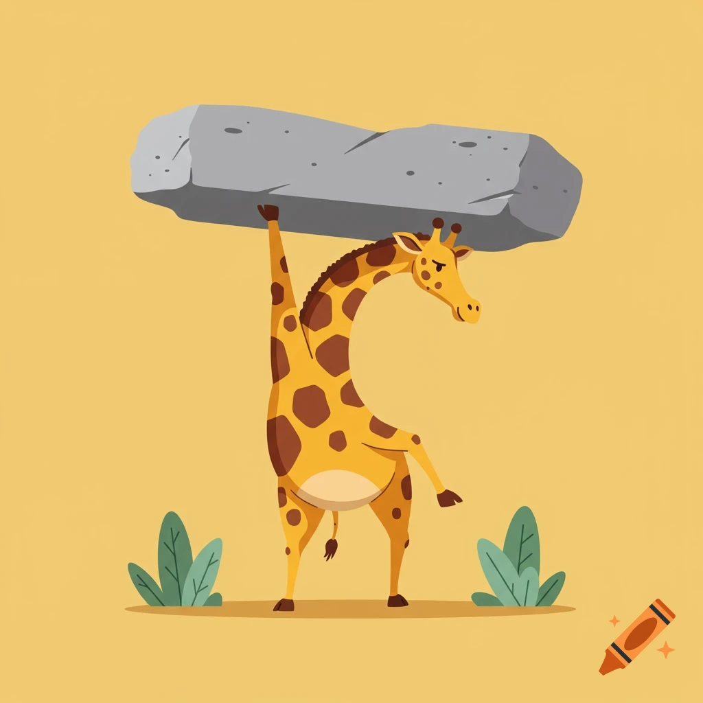 A strong cartoon giraffe holding a large gray stone slab over its head with one leg, standing on three legs, in a comic style.