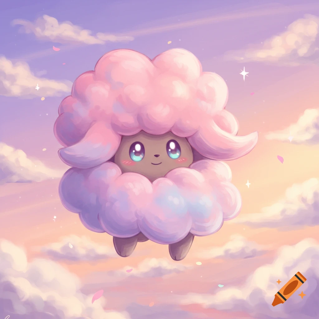 Cute pink fluffy creature resembling a Pok emon, floating amidst pastel clouds in a soft sky.