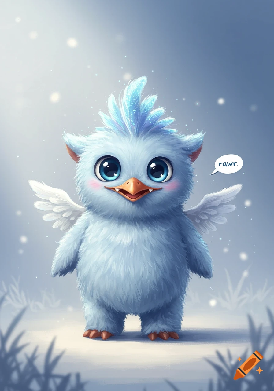 A cute light blue fluffy monster with big blue eyes, a beak, small white wings, and a feathered crest, saying 'rawr'.
