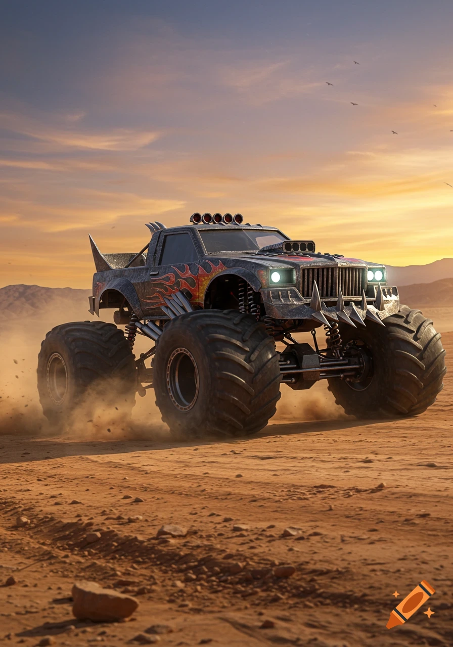 A large, customized black monster truck with red flames drives across a dusty desert at sunset, kicking up sand.