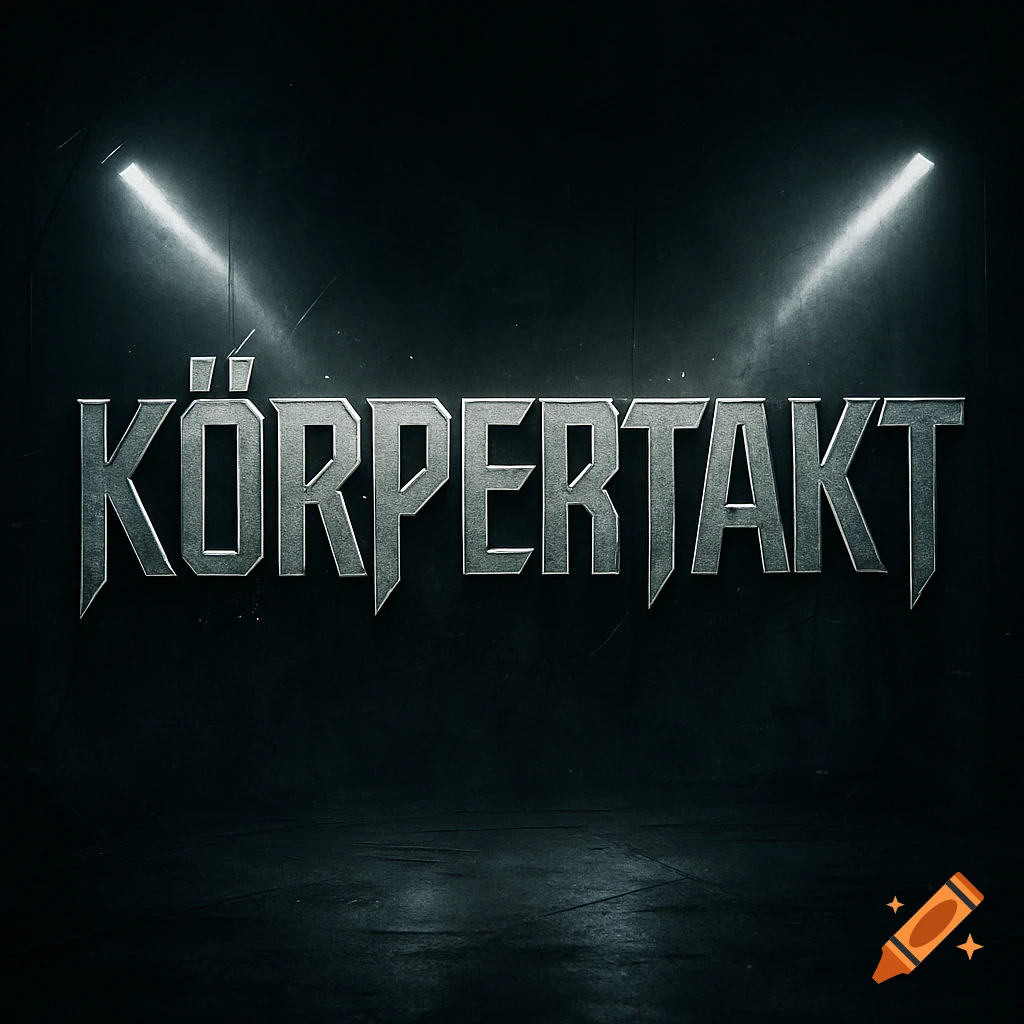 The word KÖRPERTAKT rendered in a metallic, sharp-edged, industrial font, highlighted by two spotlights on a dark, textured background.