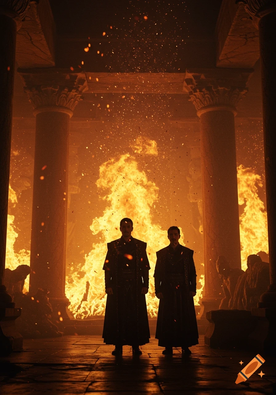 Two men in dark robes stand in a burning temple, engulfed by flames and embers, in a dramatic, photorealistic style.