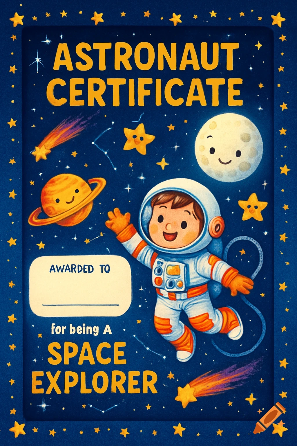 Cartoon 'Astronaut Certificate' with a floating astronaut, smiling moon, Saturn, and stars on a blue background.