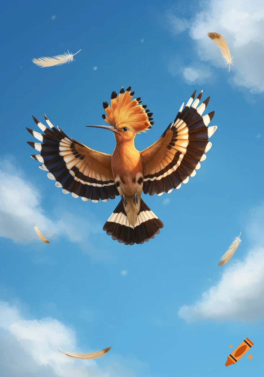 A vibrant hoopoe bird with outstretched wings and fanned crest flies in a blue sky with falling feathers, digital painting.