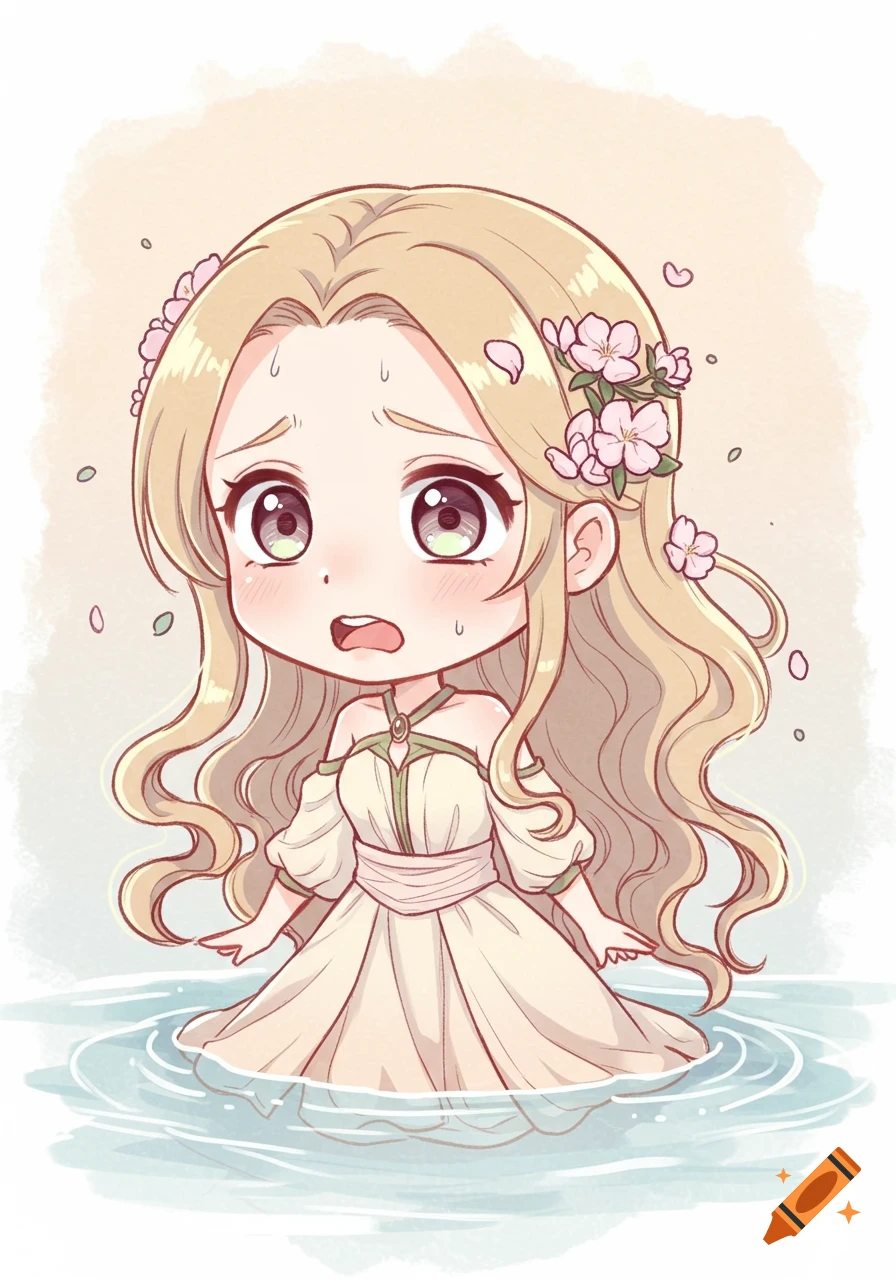 Cute chibi Ophelia in water, panicking with wide eyes and open mouth. Her dress and long hair float with flowers on the rippling water.