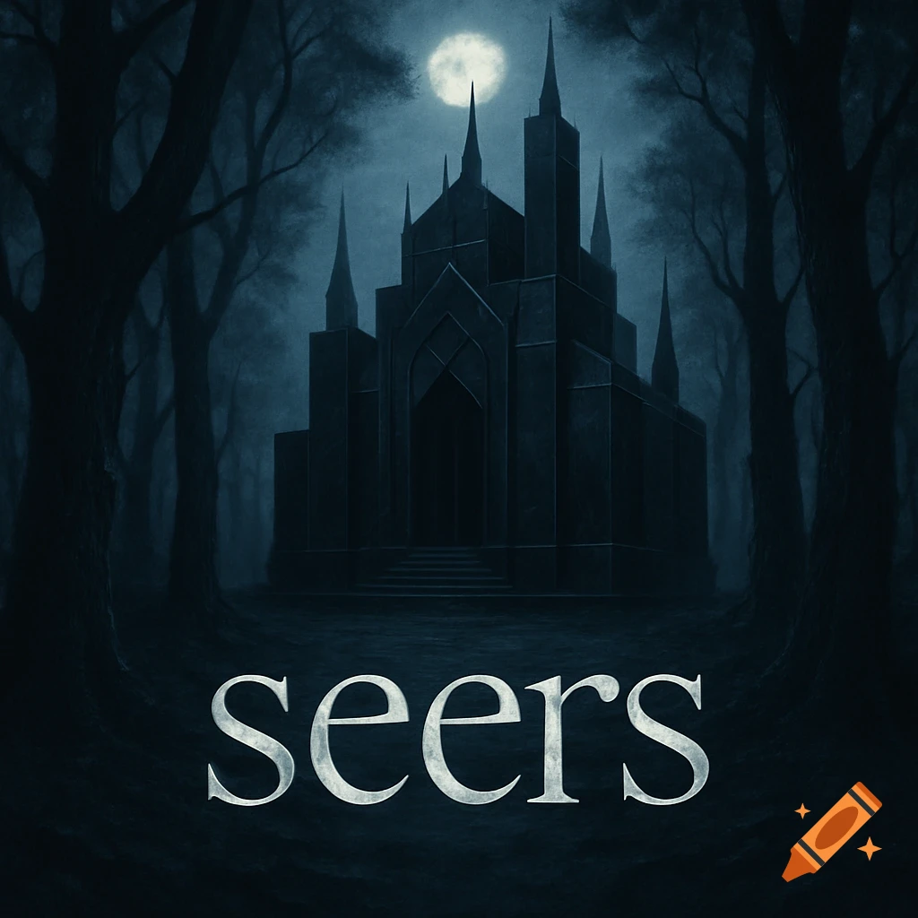 A dark gothic palace with spires stands in a moonlit, ancient forest at night, with the title 'seers' below.