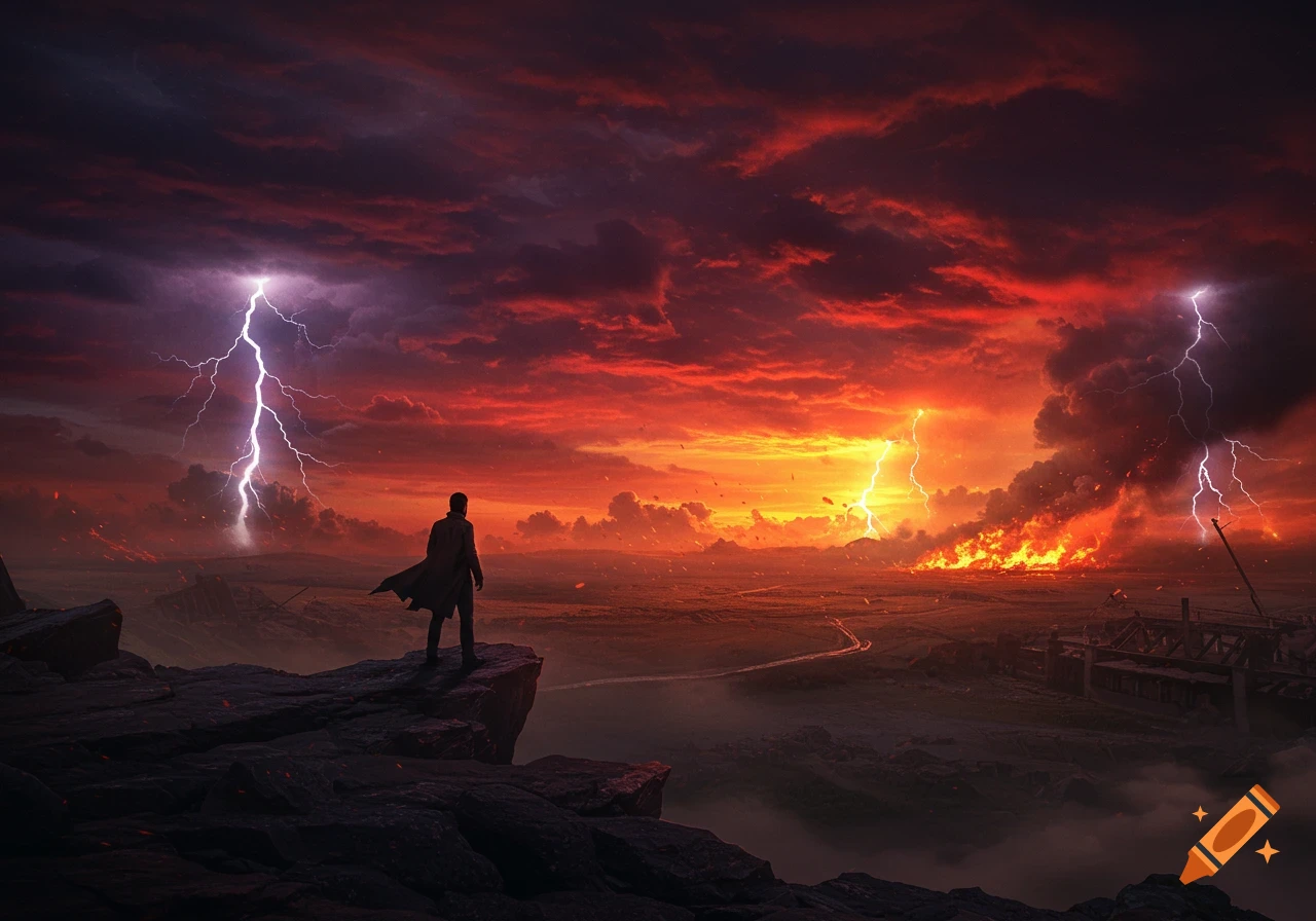 A man stands on a cliff, overlooking a dramatic apocalyptic landscape with lightning, fire, and a red-orange sky.
