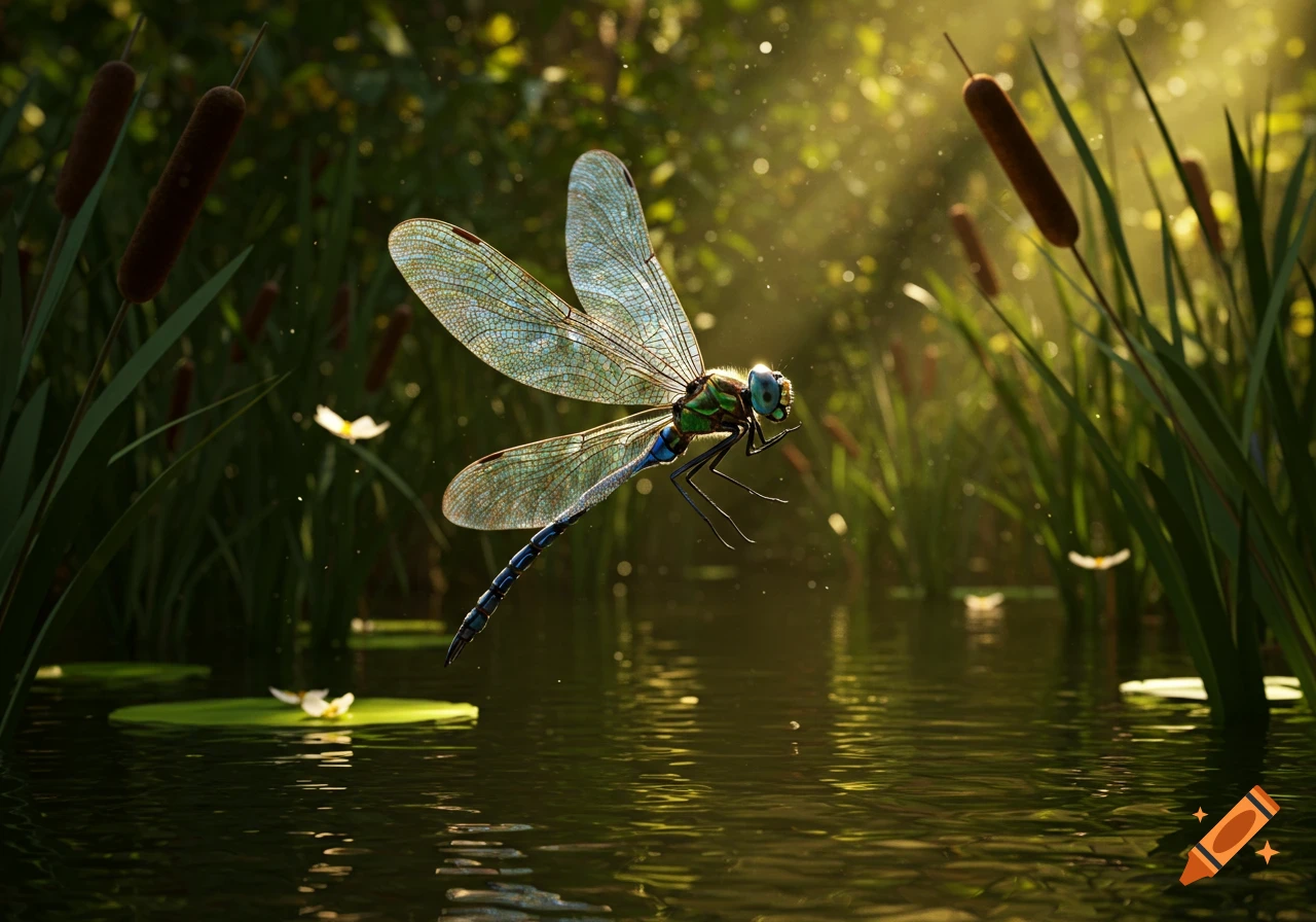 Photorealistic close-up of a blue and green dragonfly in flight over shimmering water with lily pads and cattails, bathed in sunlight.