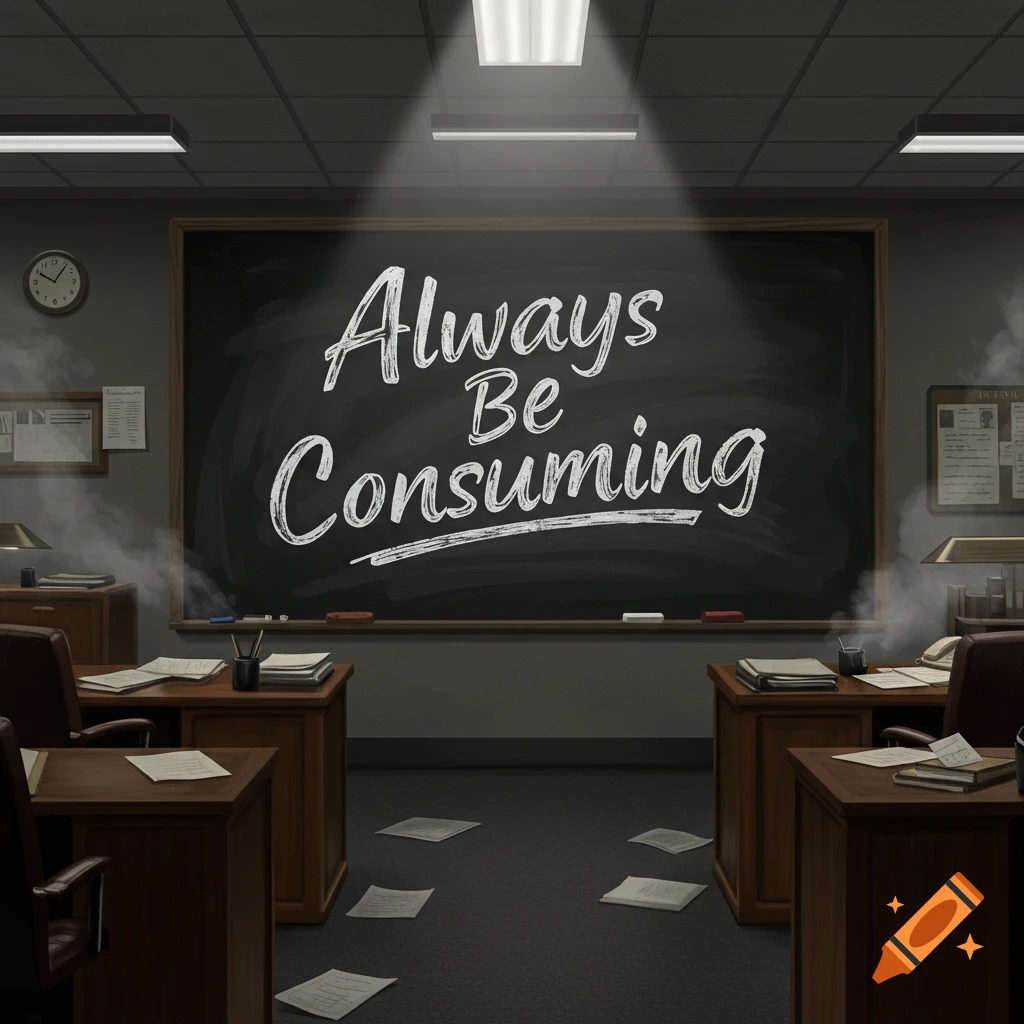 A dimly lit office with a chalkboard showing 'Always Be Consuming', surrounded by desks and papers.