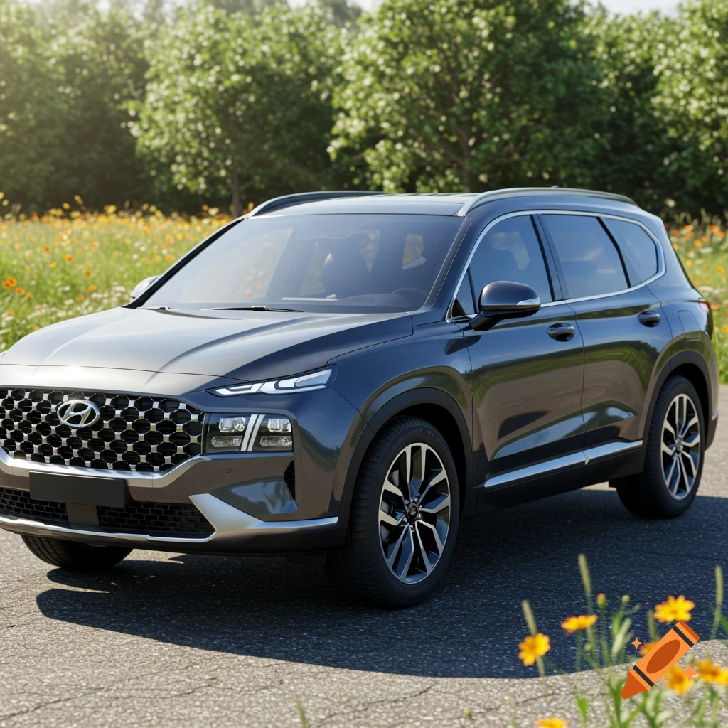 A dark gray Hyundai Santa Fe SUV is parked on an asphalt road in a sunlit field with yellow wildflowers and green trees in the background, in a photorealistic style.