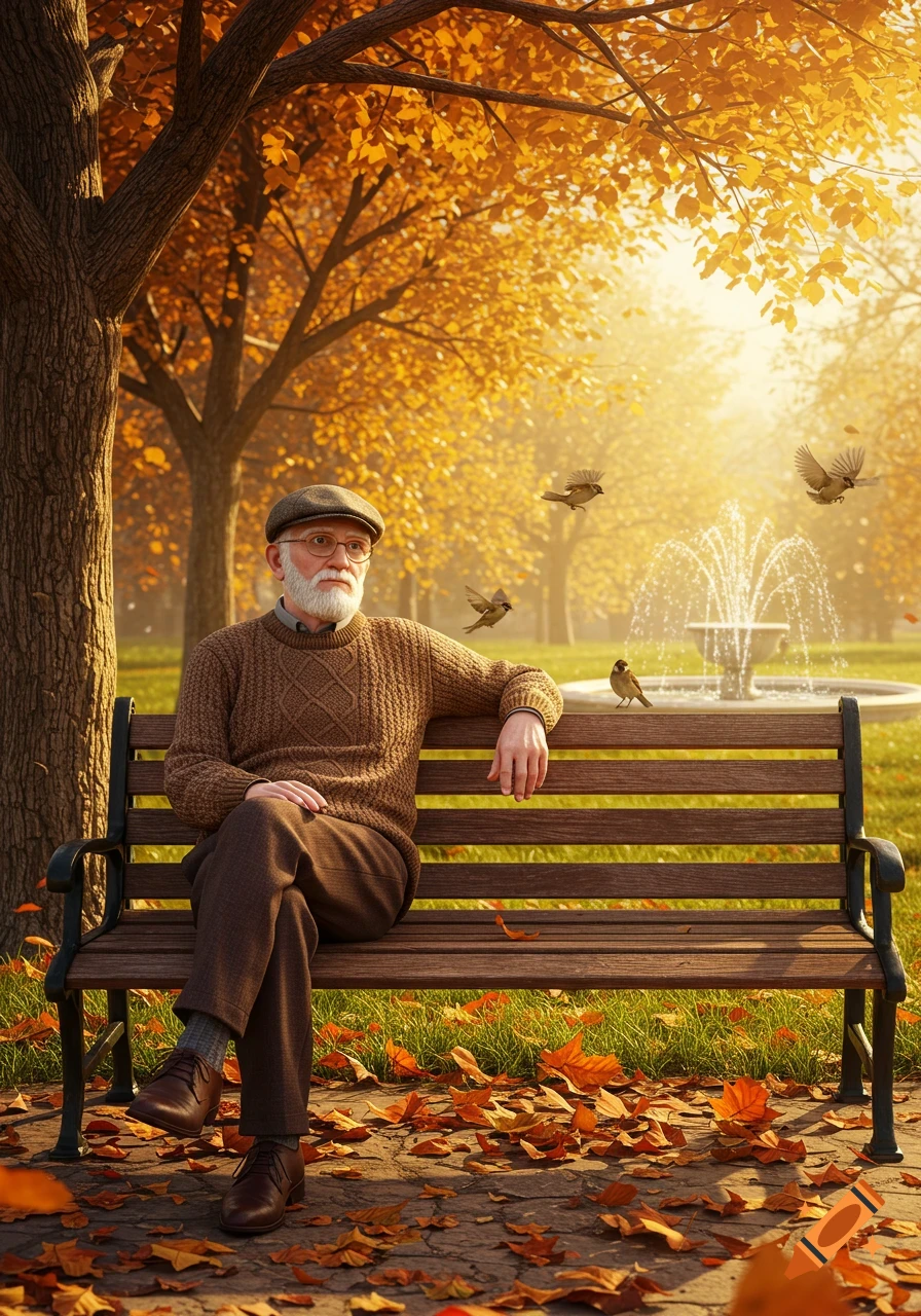 Elderly man with a white beard and glasses wearing a brown sweater and cap, sitting on a park bench amidst vibrant autumn leaves. Birds fly near a fountain in the sunny background.