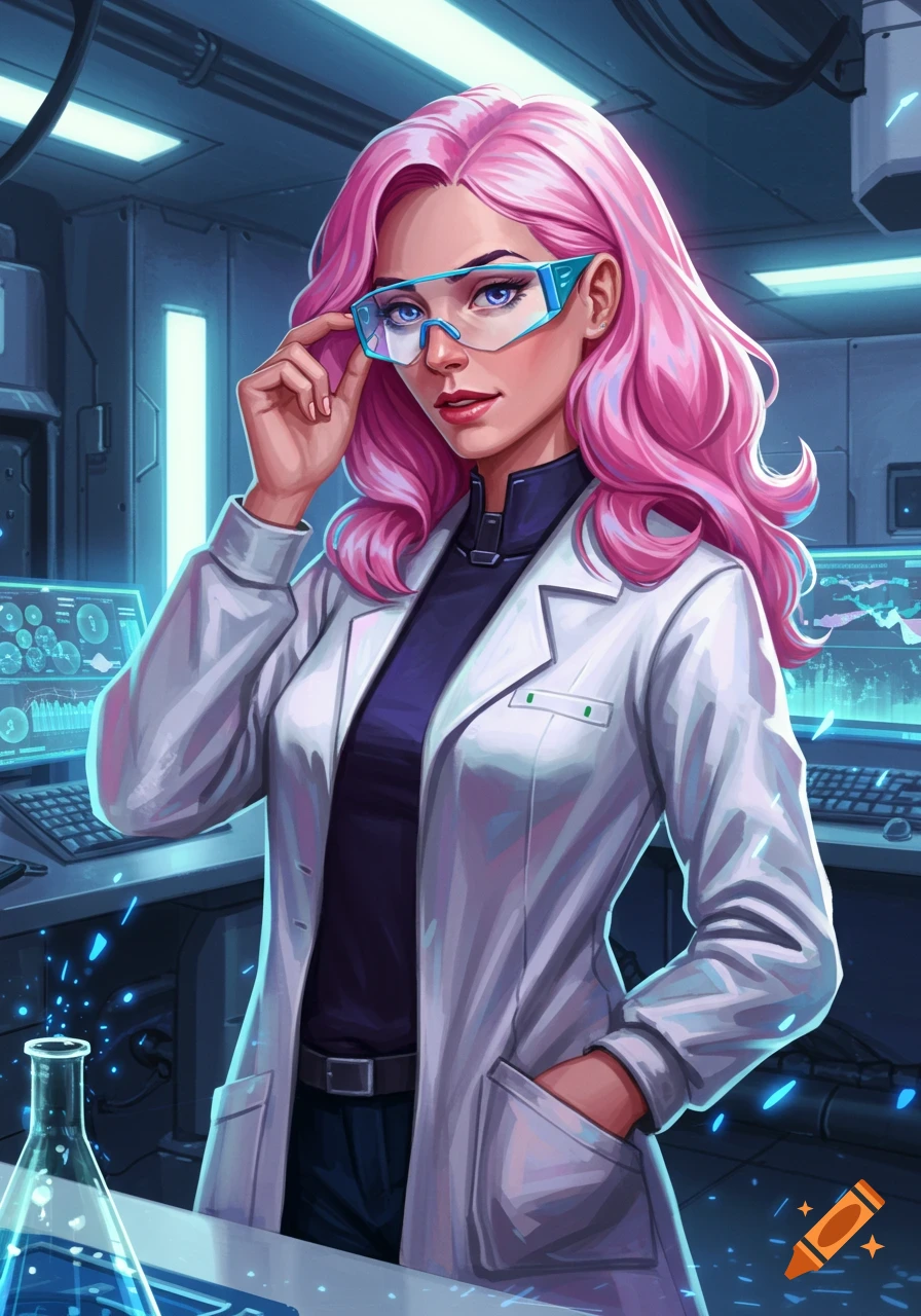 Digital illustration of a pink-haired female scientist in a lab coat and futuristic glasses in a glowing lab.