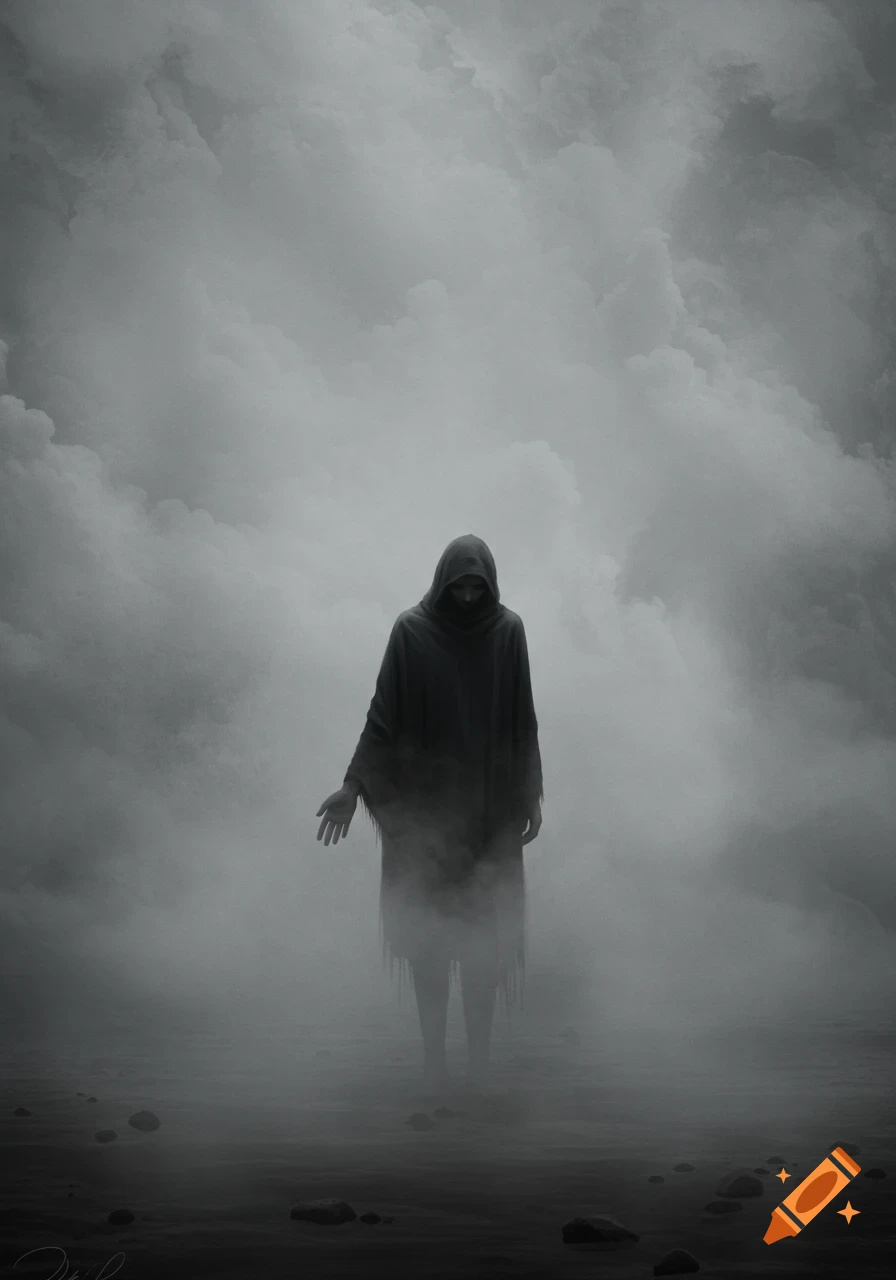 A dark, hooded figure with an outstretched hand stands in thick, monochromatic mist, conveying isolation.