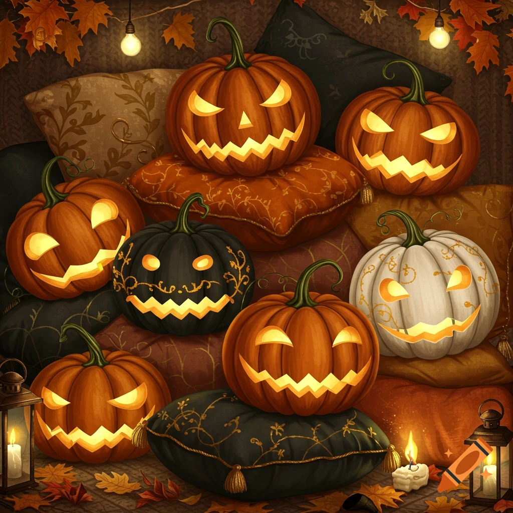 Numerous glowing jack-o'-lanterns of various colors, nestled on decorative pillows with autumn leaves and lit lanterns.