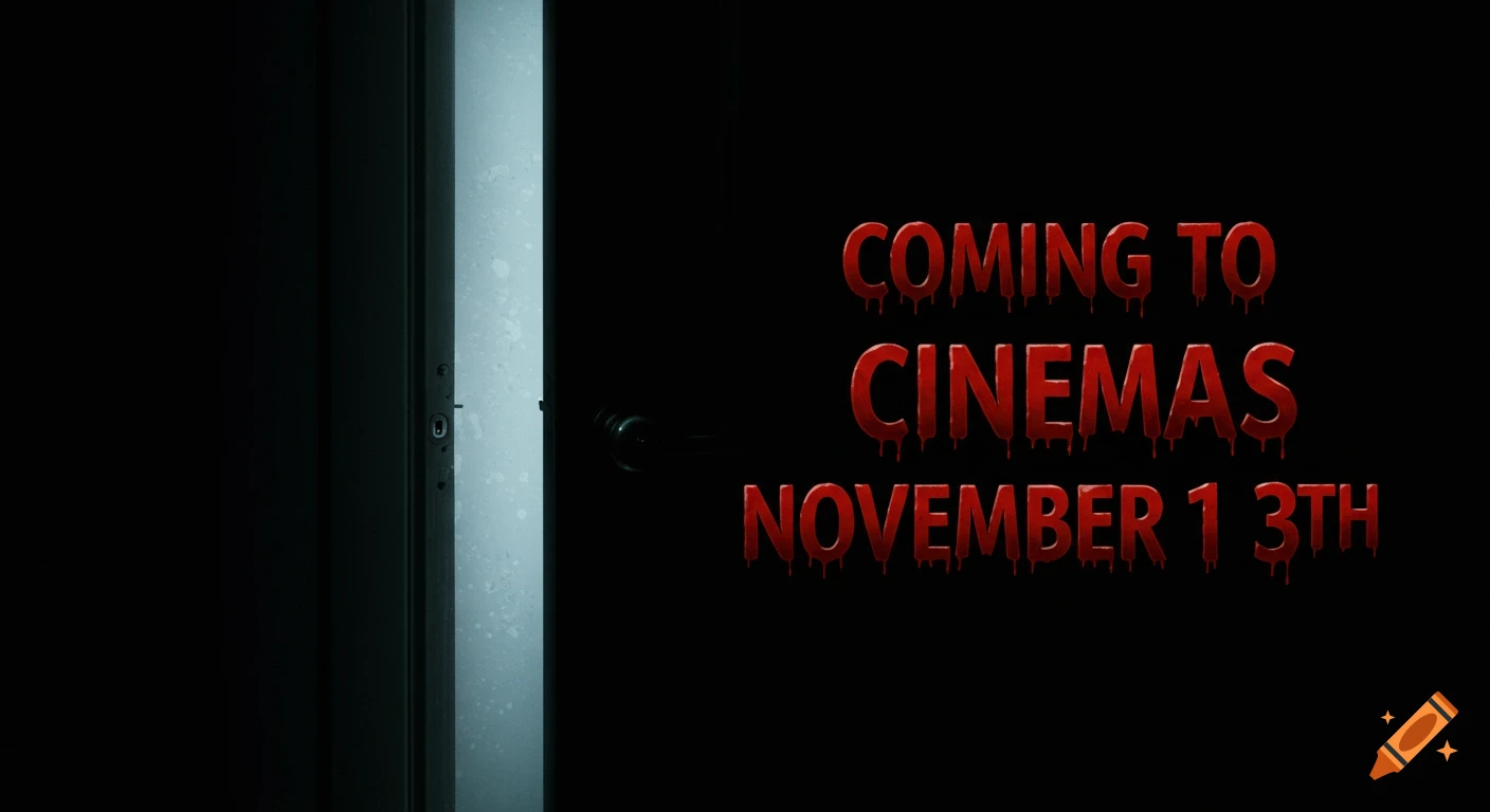 Red, blood-dripping text on a dark screen announcing 'COMING TO CINEMAS NOVEMBER 13TH' next to a slightly ajar, eerie dark door.