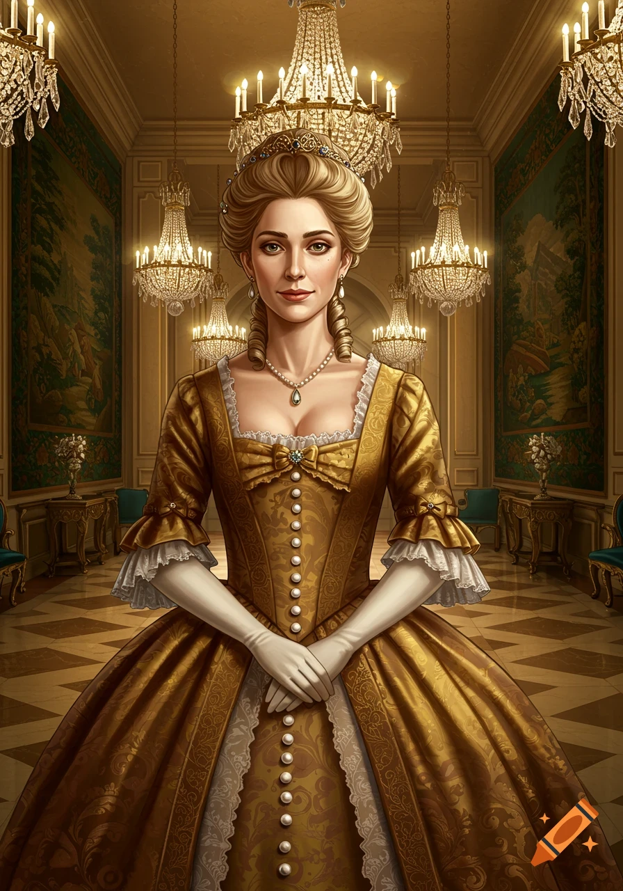 A woman in a golden baroque gown and tiara stands in a grand hall filled with chandeliers.