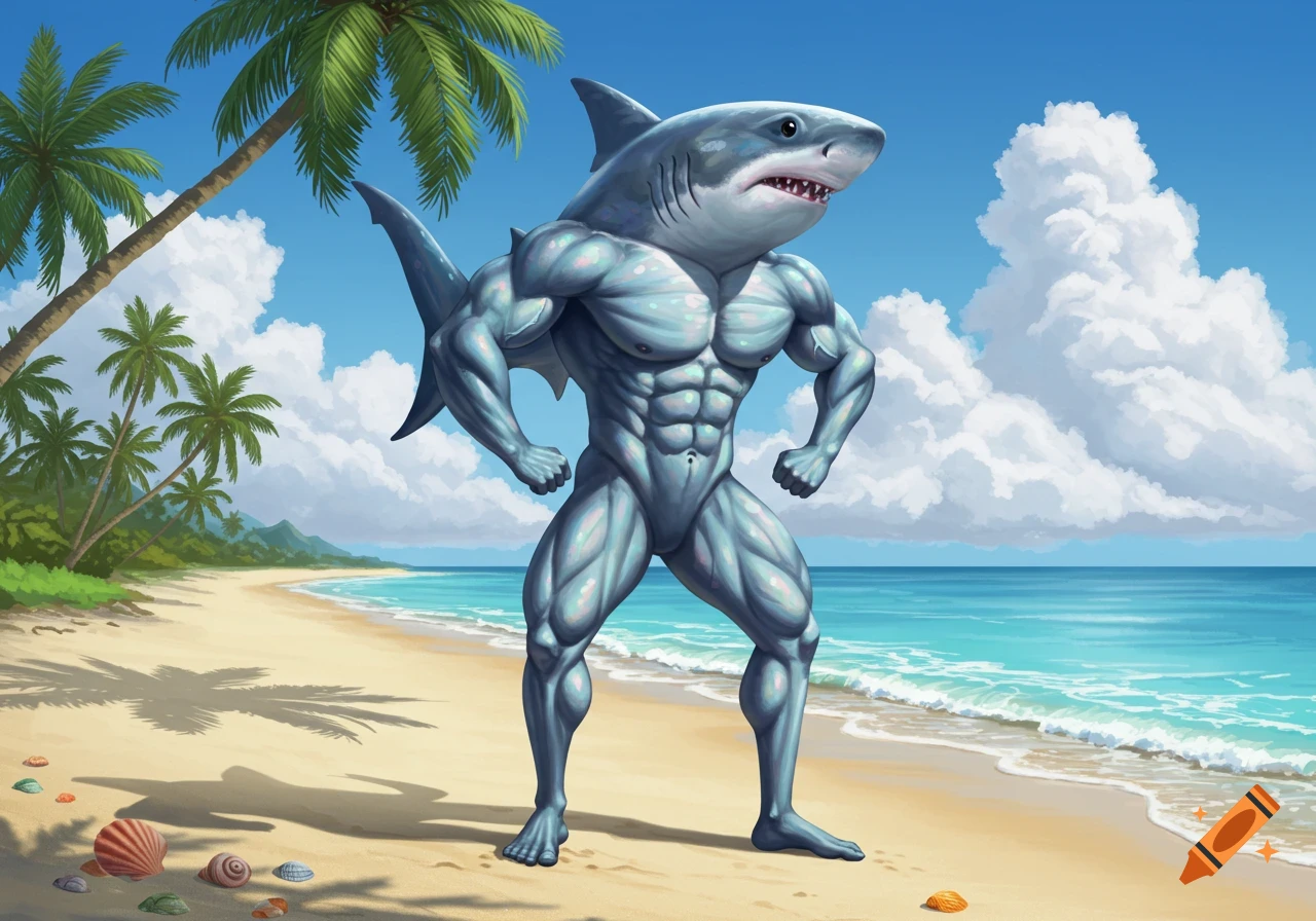 Muscular anthropomorphic shark standing on a sunny tropical beach with palm trees and ocean in the background, stylized illustration.