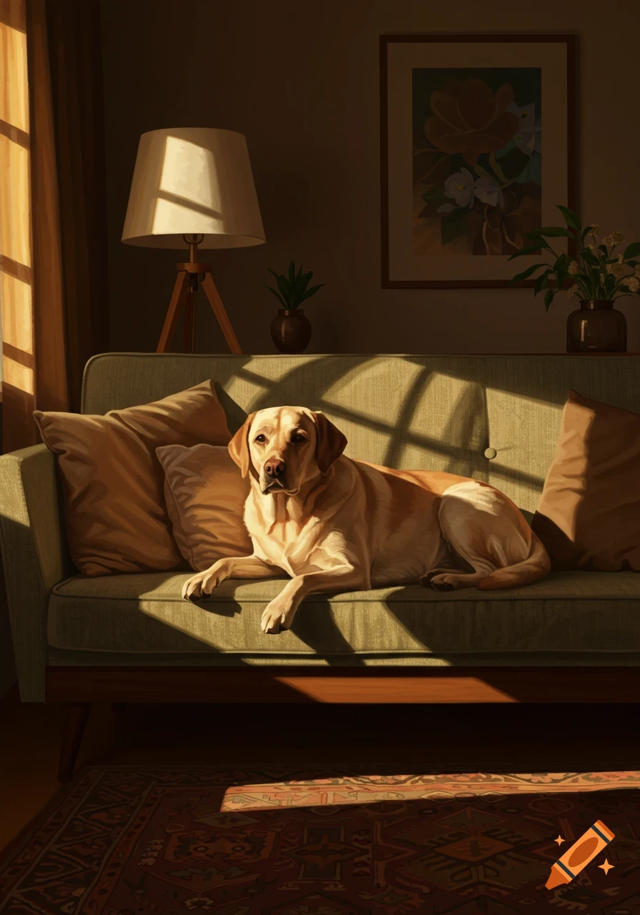 A painterly depiction of a yellow labrador dog lying on a green couch in a sunlit living room.