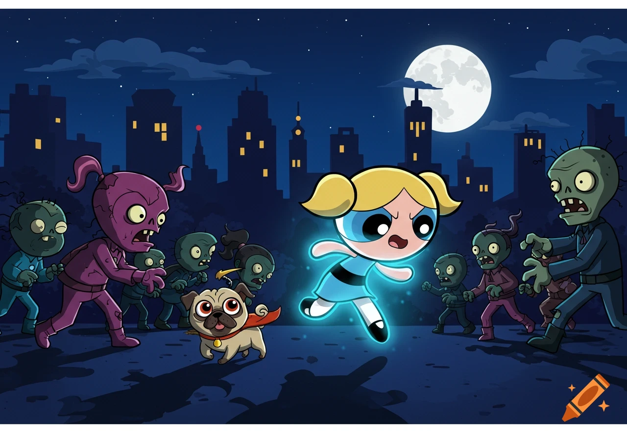 Bubbles from Powerpuff Girls, with a pug, runs from zombies in a cartoon cityscape at night under a full moon.