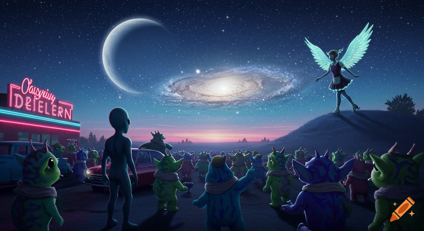 A cosmic drive-in movie scene where aliens look towards a fairy skating on a hill, with a galaxy and moon in the starry sky.