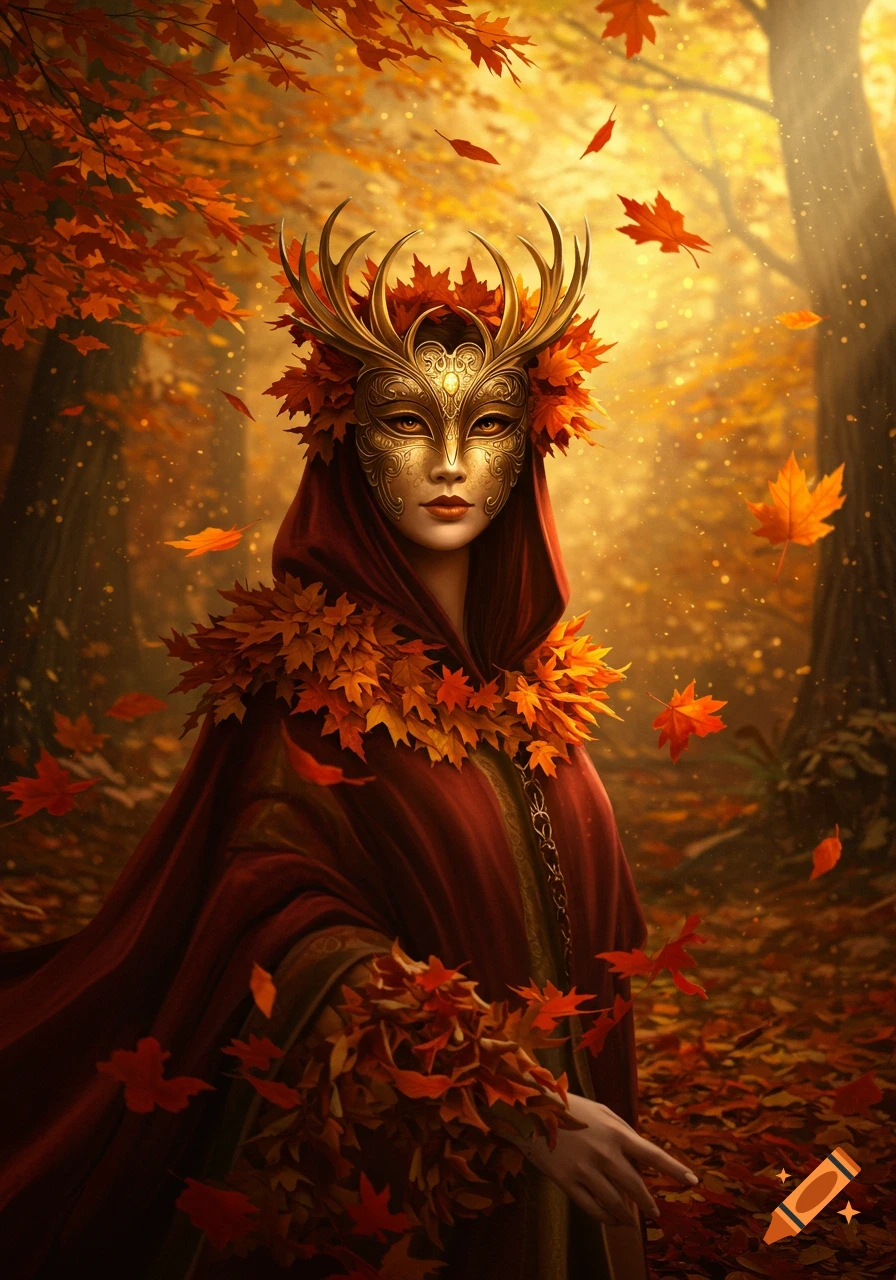 Mystical figure in a golden antlered mask and red hooded cloak, surrounded by falling autumn leaves in a sunlit forest.
