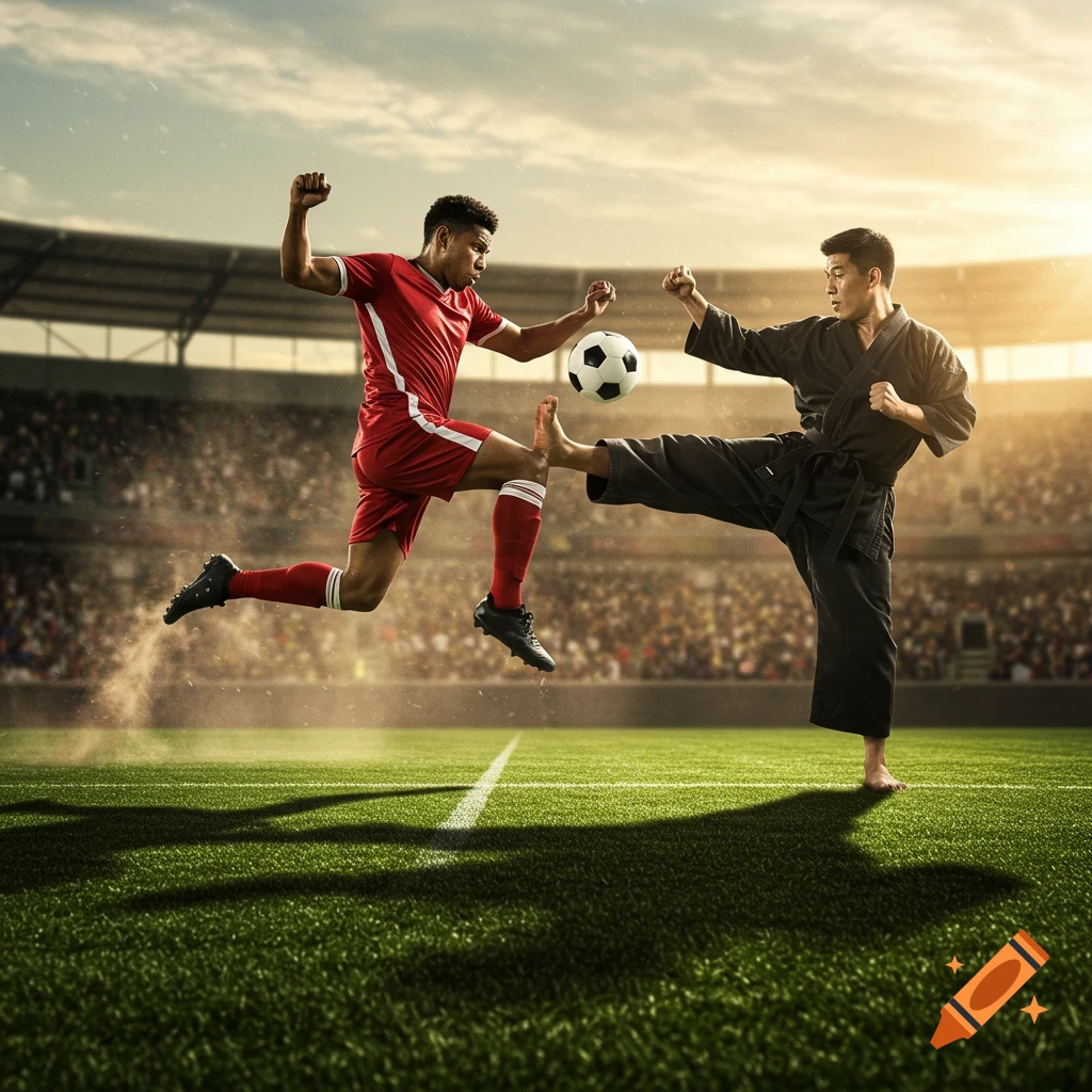 Photorealistic image of a soccer player in red kicking a ball while a karate expert in black performs a high kick on a stadium field.