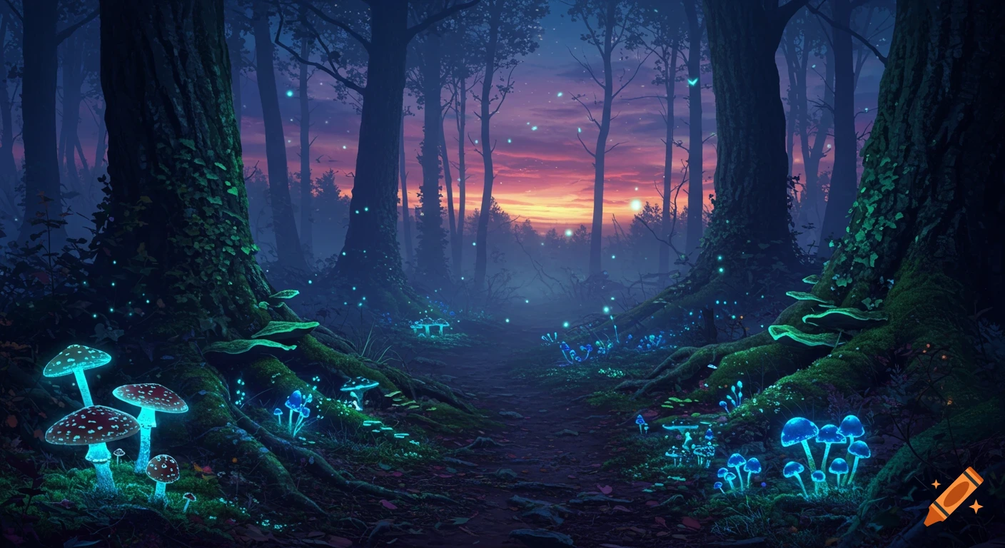A magical twilight forest path lined with ancient mossy trees and glowing bioluminescent mushrooms, in a detailed fantasy art style.