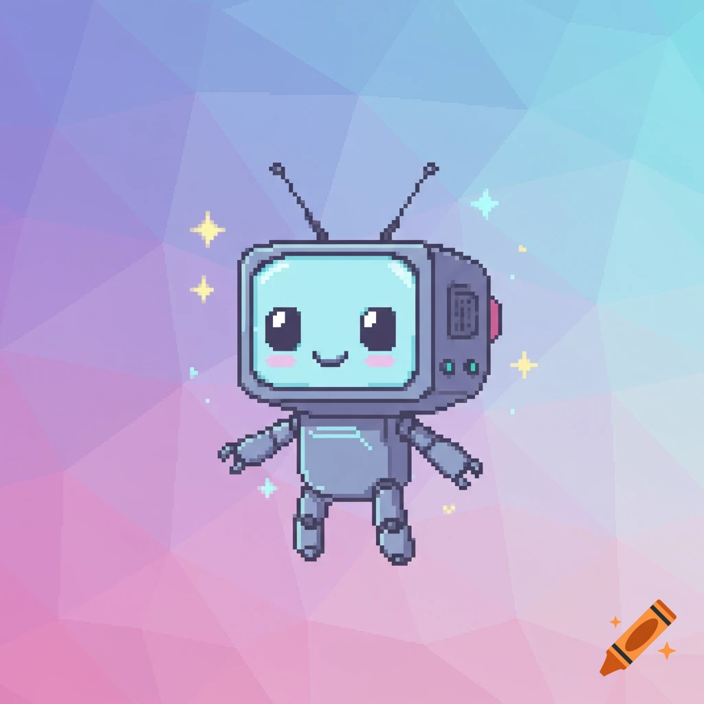 A cute pixel art TV robot with a smiling face and blush, on a pastel pink and blue geometric background with sparkles.