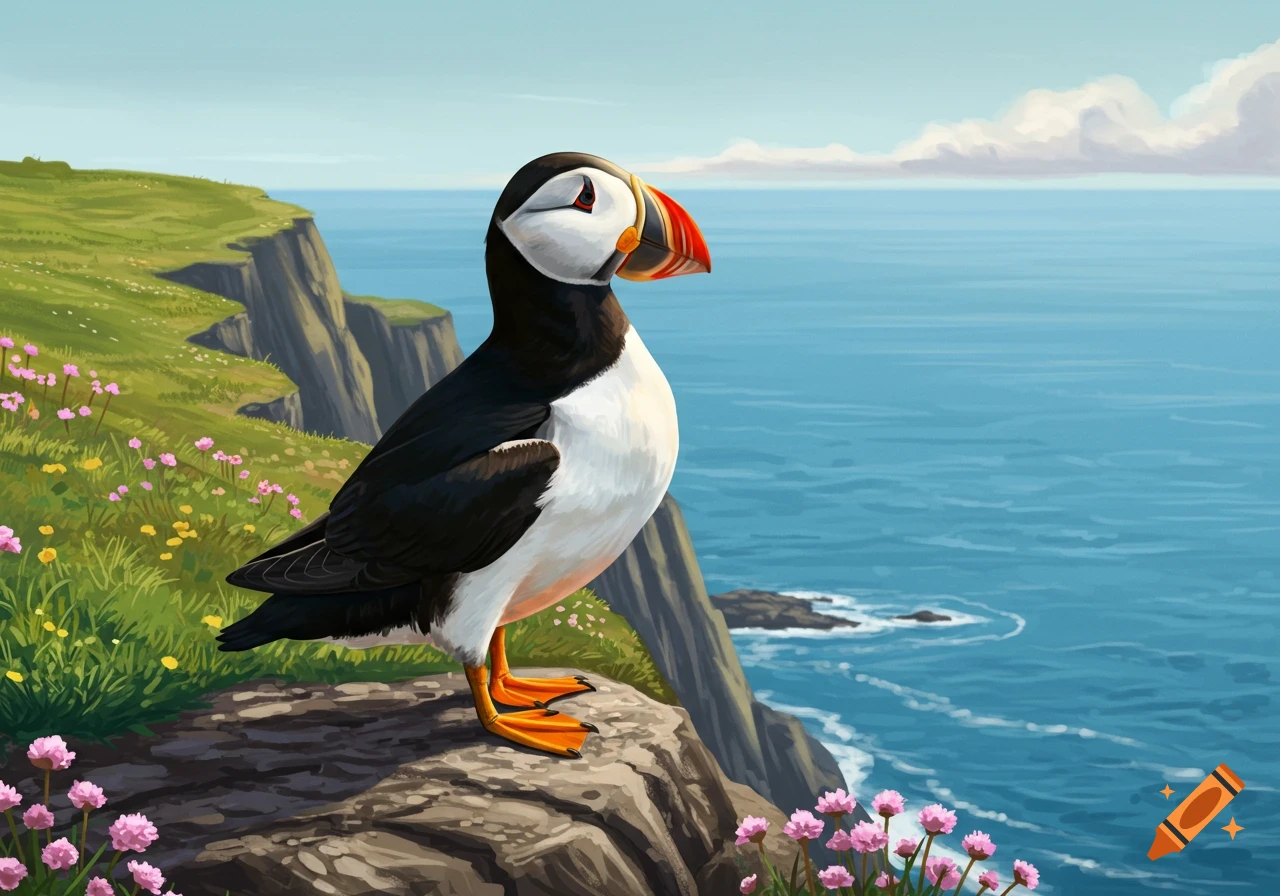 An illustrative puffin bird stands on a grassy cliff overlooking a blue ocean with waves.
