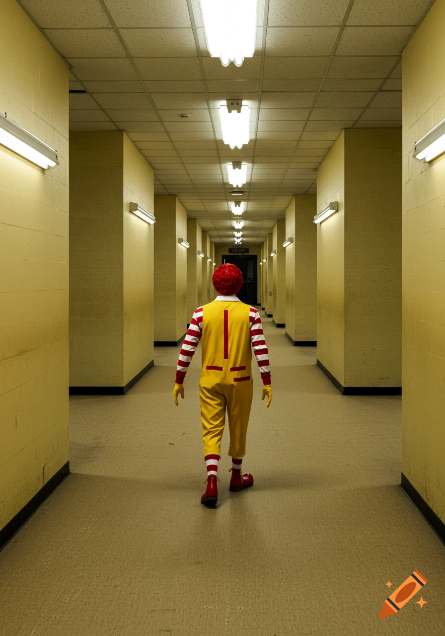 Ronald McDonald walks away down a long, eerily lit, sterile yellow hallway, a scene typical of the Backrooms.