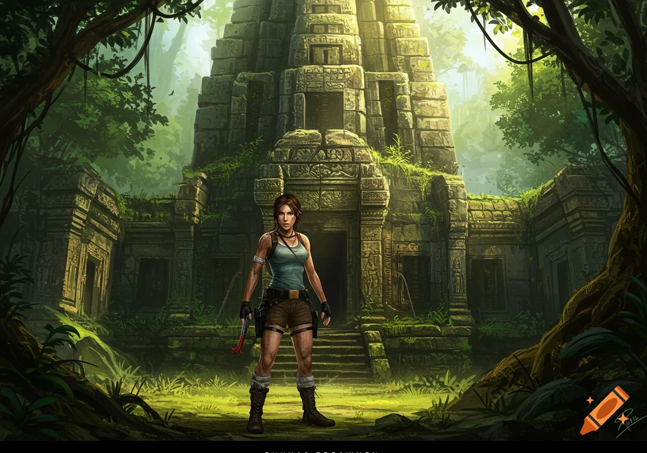 Lara Croft stands in front of a moss-covered ancient temple in a dense, sunlit jungle, digital illustration.