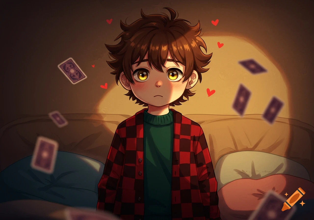 Shy anime boy with messy brown hair, yellow eyes, and red plaid jacket, blushing, with floating hearts and playing cards.