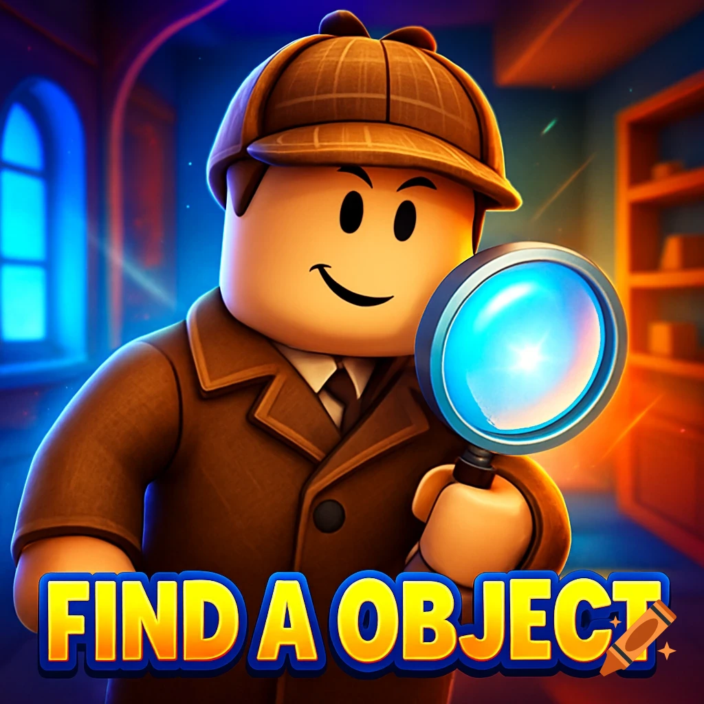 Roblox detective character holding a glowing magnifying glass in a vibrant room with 'FIND A OBJECT' text.