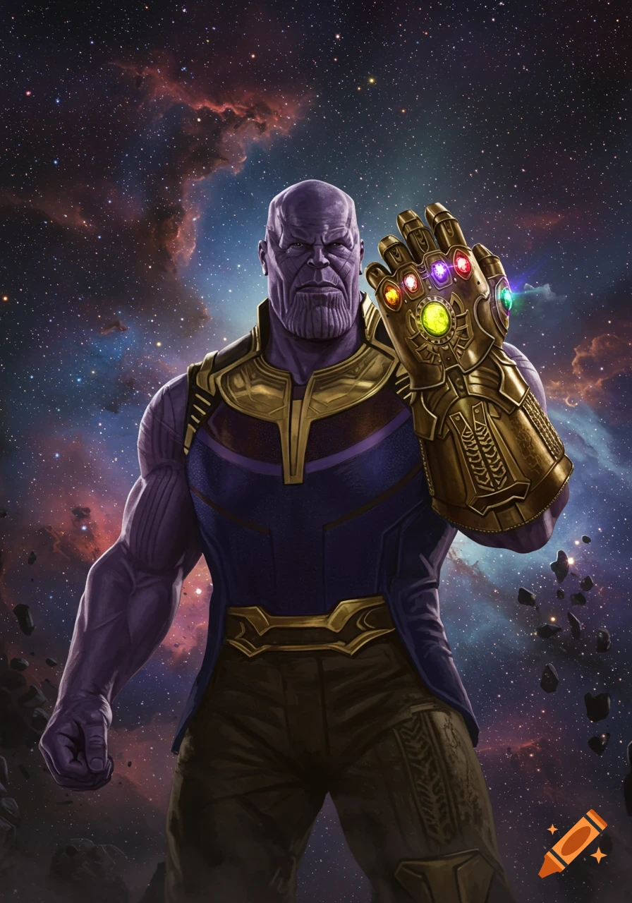 Thanos stands against a starry nebula, raising his left hand clad in the gleaming Infinity Gauntlet.