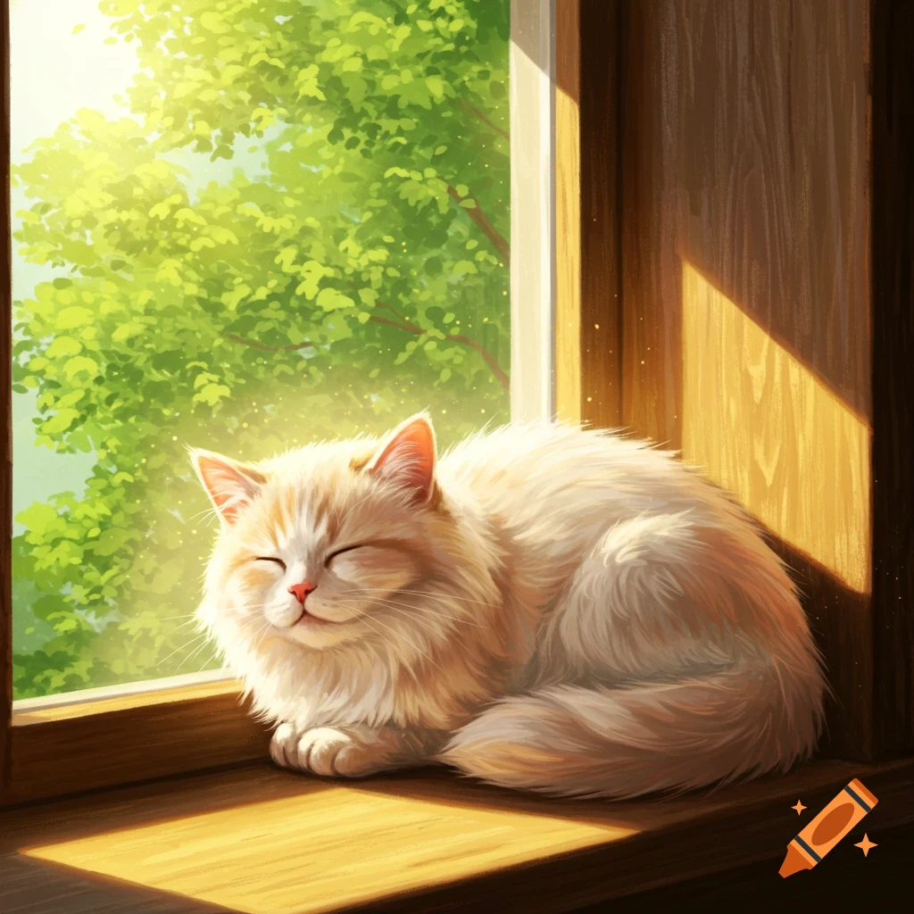 A fluffy cat sleeps on a sunny window sill with green trees outside, rendered in a bright painterly style.