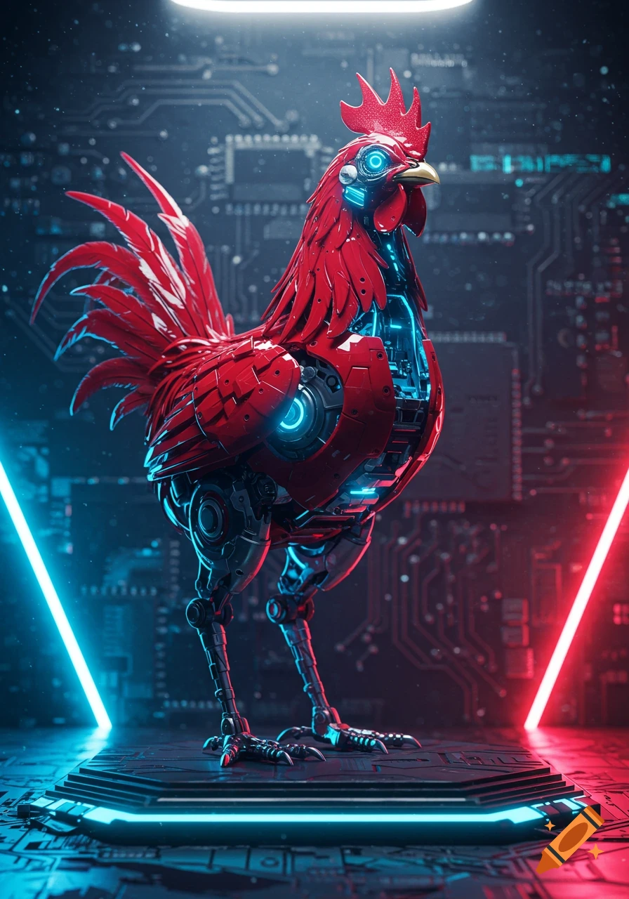 A red robotic chicken with blue glowing accents stands on a lighted platform in a futuristic, tech setting.