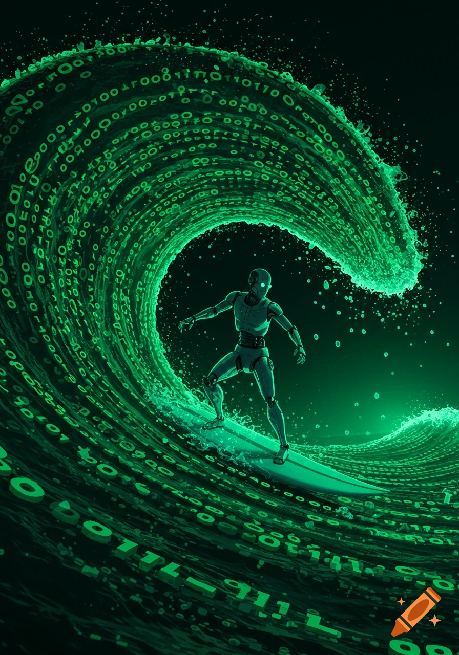 A robot surfs on a glowing green wave made of binary code (0s and 1s) in a dark, digital art style.