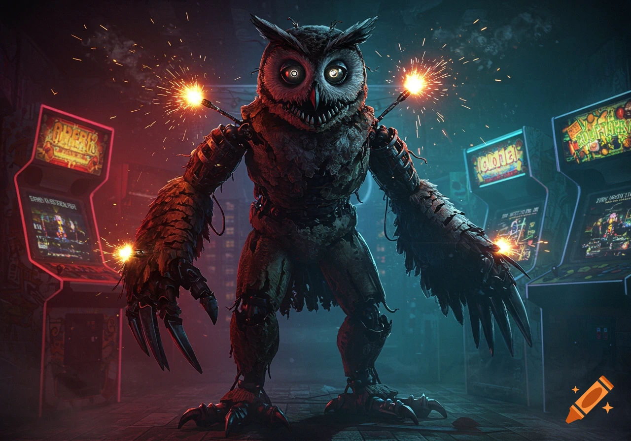 A creepy animatronic owlbear with glowing eyes and sparks stands in a dark arcade.