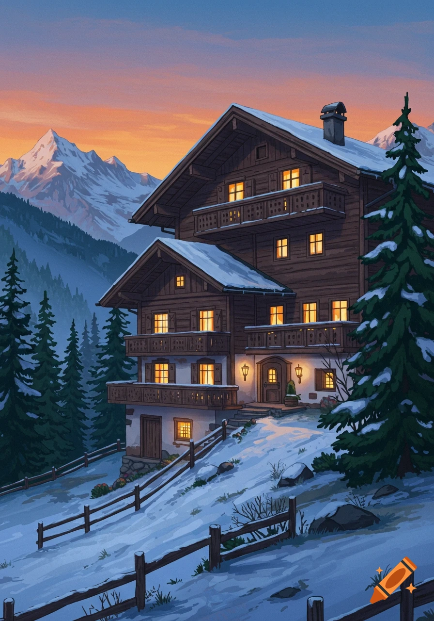 An illustrated chalet with glowing windows nestled in a snowy mountain landscape at sunset.