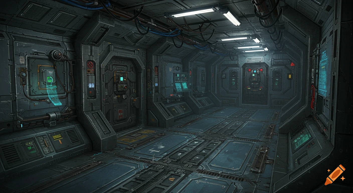A dark, industrial sci-fi spaceship corridor with detailed metal panels, glowing screens, wires, and overhead lights.