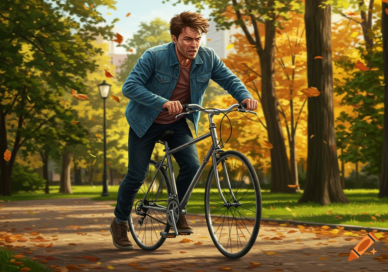 A determined man in a denim jacket pushes his bicycle through an autumn park, leaves scattered on the path.