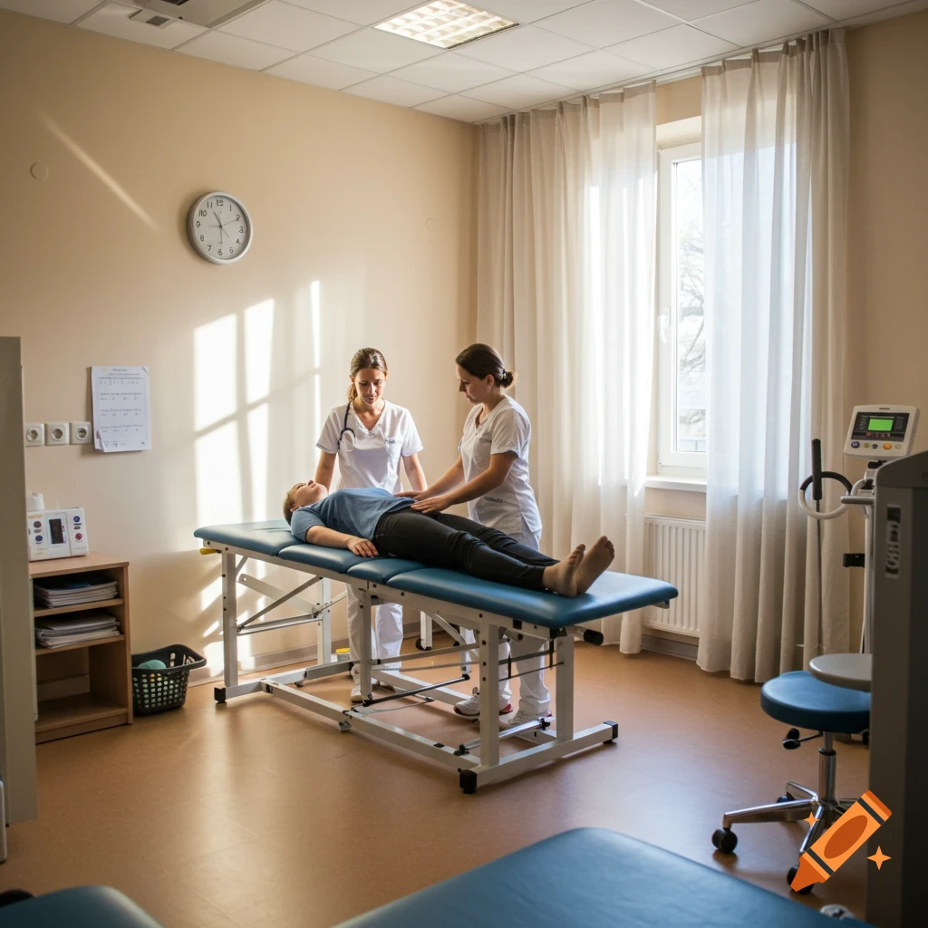 Two medical professionals attend to a patient lying on an examination table in a bright clinic room.