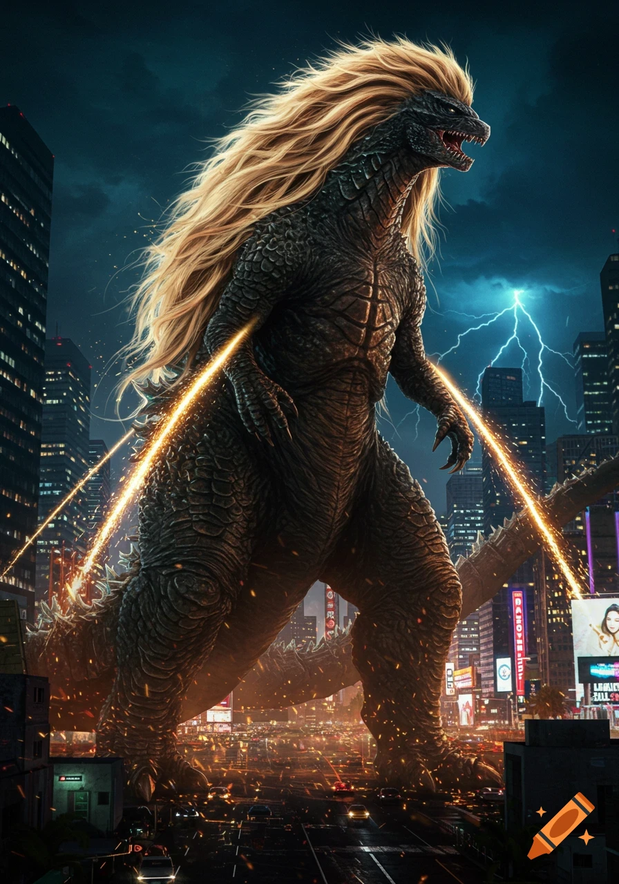 A giant Godzilla-like monster with long blonde hair stands in a futuristic city at night with lightning and golden energy.