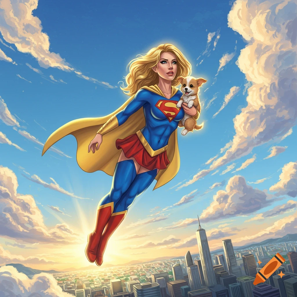 Blonde Supergirl in her iconic blue and red suit flies over a sunny city, gently holding a small corgi puppy. Comic art style.